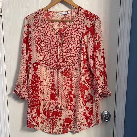 Susan Graver Tops - Red and cream Bell Sleeve Blouse with Tie Front